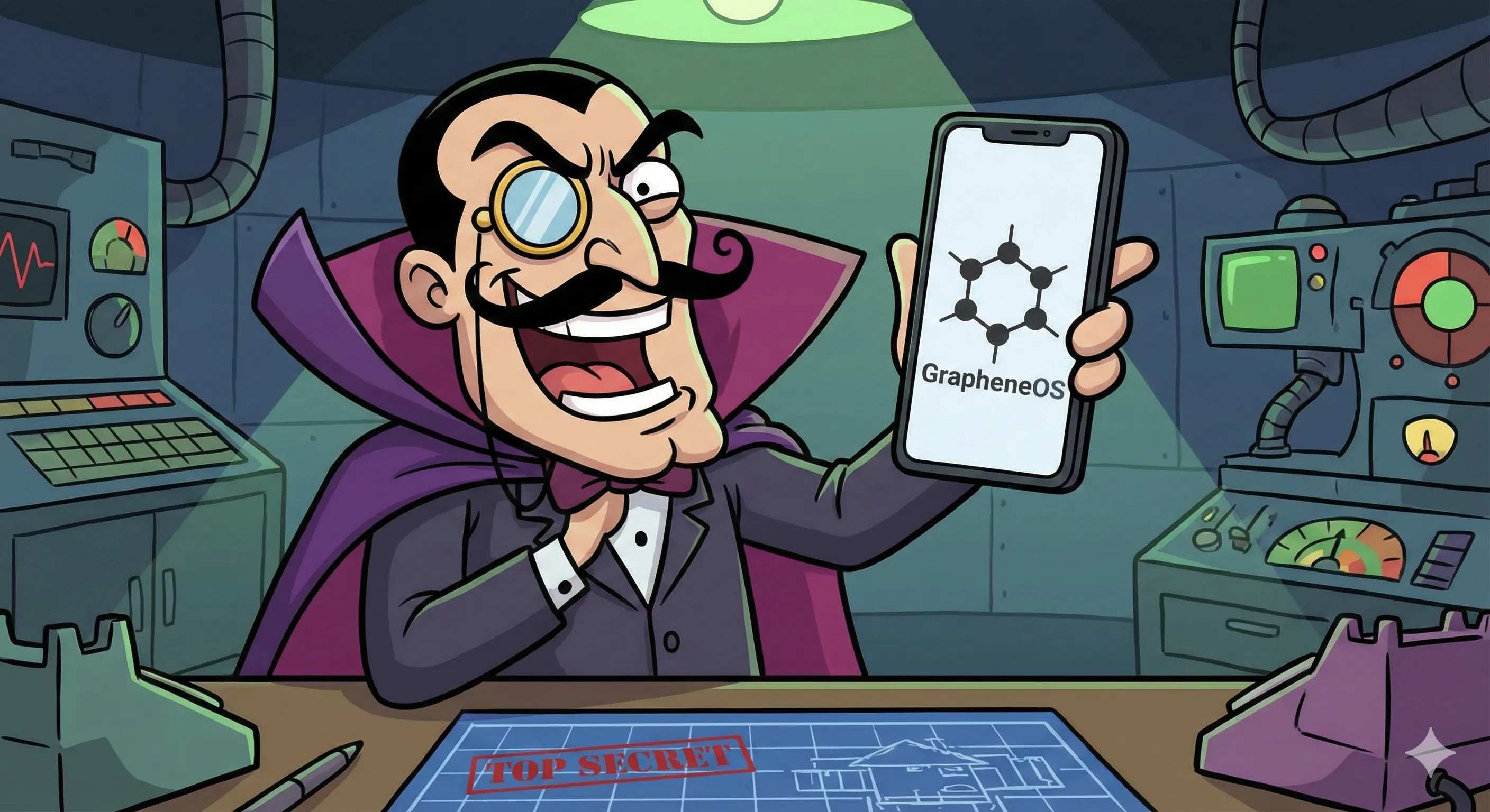 Cartoon of a moustachioed villain in a secret lair, grinning as he holds up a phone running GrapheneOS