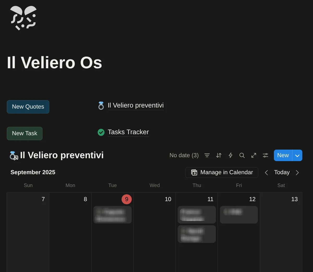 The Veliero OS home dashboard, with shortcuts to new quotes and tasks above a September calendar