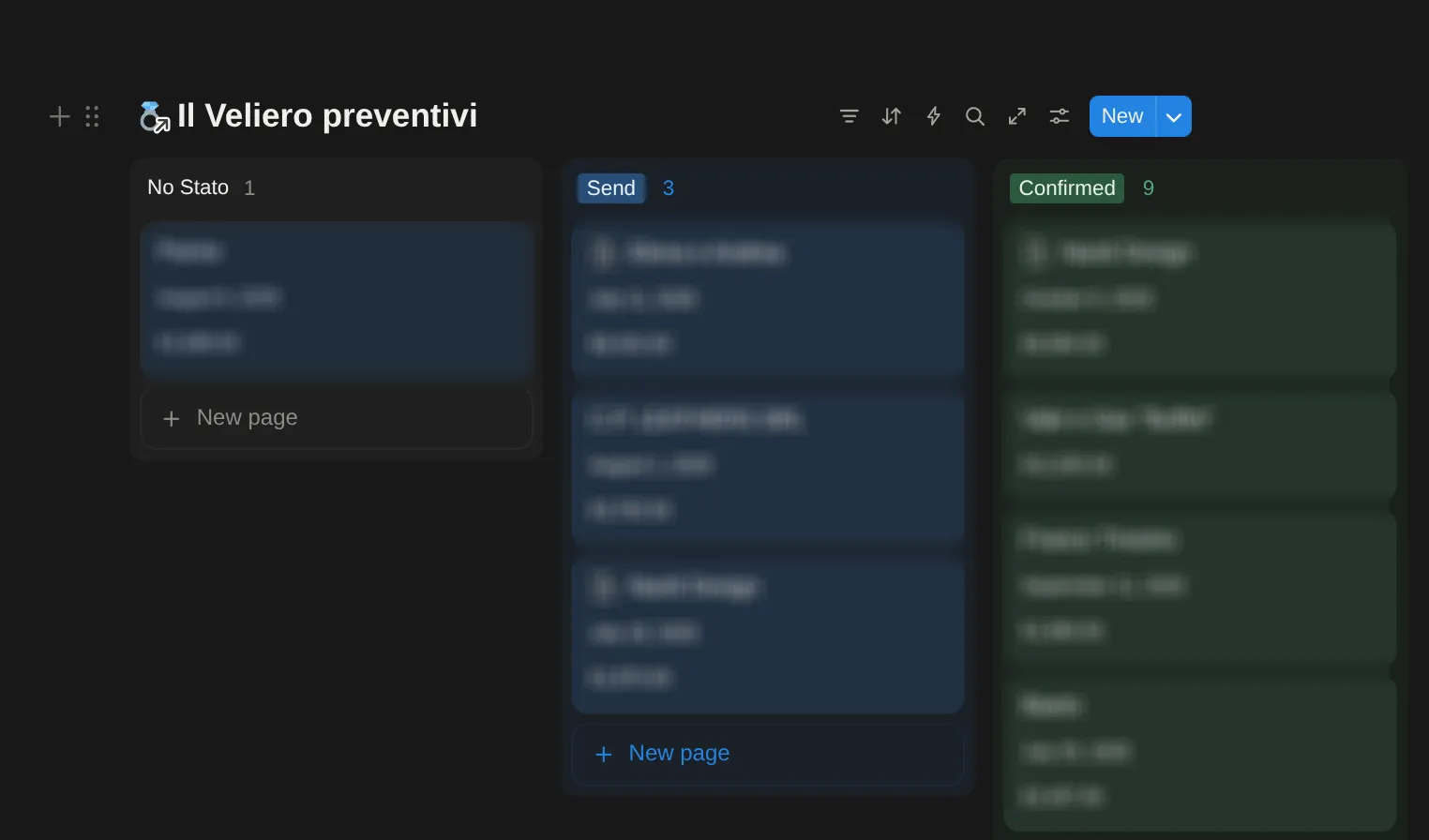The Veliero OS Kanban board, with quotes grouped in No Stato, Send and Confirmed columns