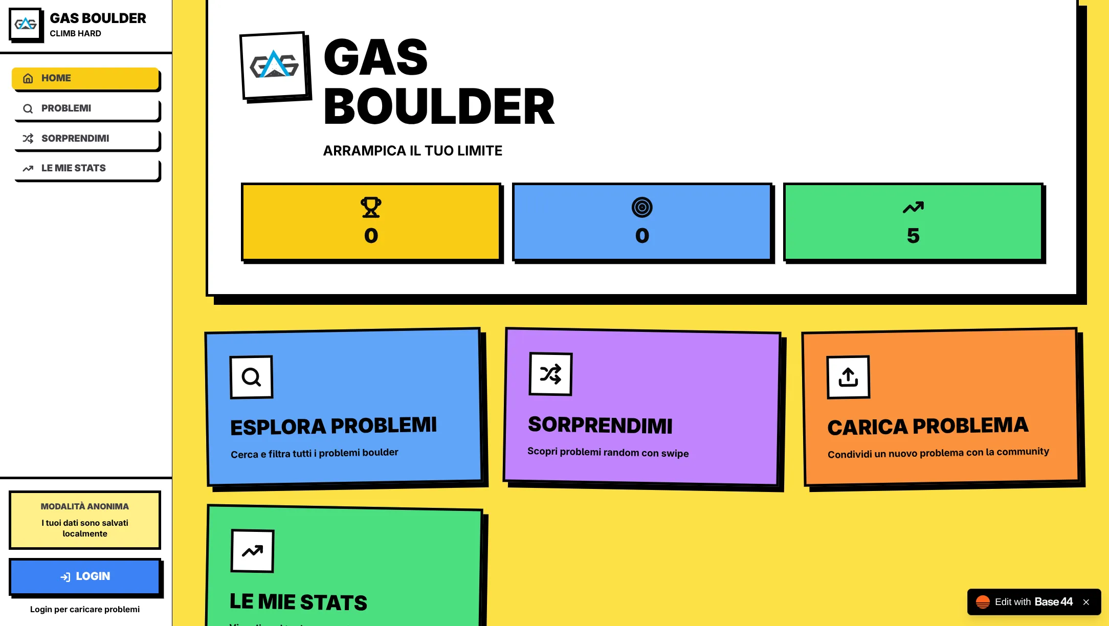 The Gas Boulder app home screen, with yellow, blue and orange cards for exploring problems, surprises and uploads