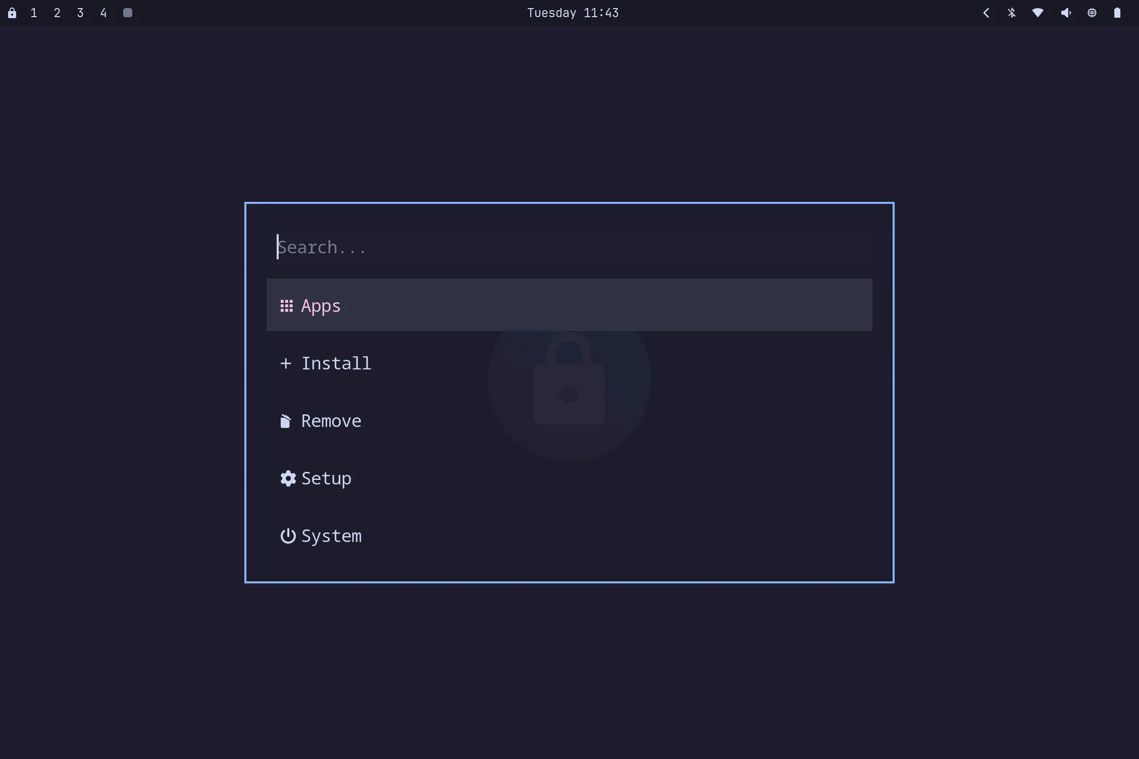 The Omablue Rofi launcher on a dark desktop, listing Apps, Install, Remove, Setup and System